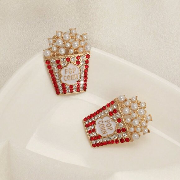 POPCORN Earrings Movie Theater Motif Glitzy Crystal and Faux Pearl Studded NEW! - Picture 7 of 8